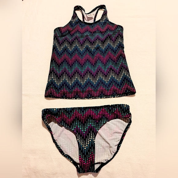 Lands' End girls size 10+ 2 piece racerback top bathing suit Dot design EUC - Picture 1 of 6